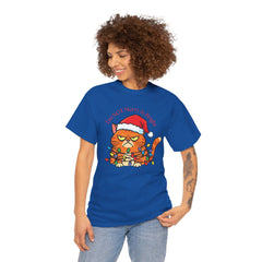 Grumpy Cat tangled in Christmas Lights T-Shirt – "I'm NOT Merry A Right!" Holiday Tee