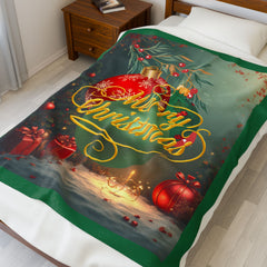 Merry Christmas Velveteen Plush Blanket — Festive Holiday Throw with Ornaments & Gifts