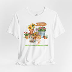 Spring Garden Tee — Cute Bunny & Flower Pots Graphic T-Shirt