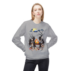 Campfire Cats Crewneck Sweatshirt — Woodland Night Cats Around a Bonfire