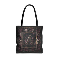 Gothic Monogram 'A' Tote Bag - Skull & Rose All-Over Print