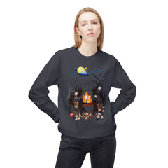 Campfire Cats Crewneck Sweatshirt — Woodland Night Cats Around a Bonfire