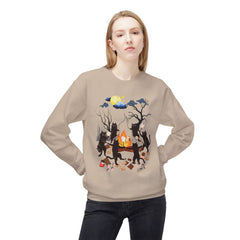 Campfire Cats Crewneck Sweatshirt — Woodland Night Cats Around a Bonfire