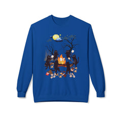 Campfire Cats Crewneck Sweatshirt — Woodland Night Cats Around a Bonfire
