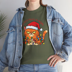Grumpy Cat tangled in Christmas Lights T-Shirt – "I'm NOT Merry A Right!" Holiday Tee