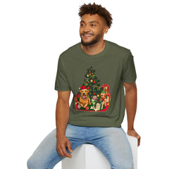 Christmas Golden Retriever Dog T-Shirt — Festive Tree & Presents Holiday Tee