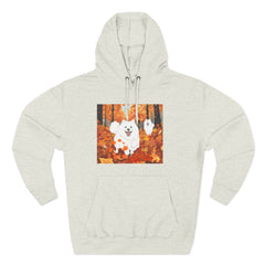 Autumn Samoyed Hoodie – Cute White Dog in Fall Leaves Fleece Pullover