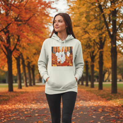 Autumn Samoyed Hoodie – Cute White Dog in Fall Leaves Fleece Pullover