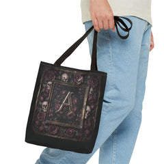 Gothic Monogram 'A' Tote Bag - Skull & Rose All-Over Print
