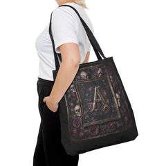 Gothic Monogram 'A' Tote Bag - Skull & Rose All-Over Print