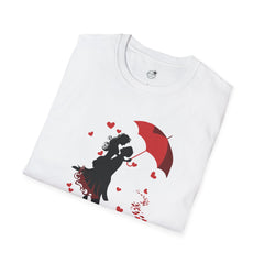 Romantic Couple Silhouette T-Shirt — Red Umbrella & Heart Confetti Valentine Tee