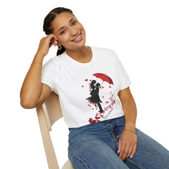 Romantic Couple Silhouette T-Shirt — Red Umbrella & Heart Confetti Valentine Tee