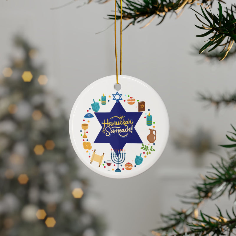 Hanukkah Sameach Ceramic Ornament — Double-Sided Holiday Decoration