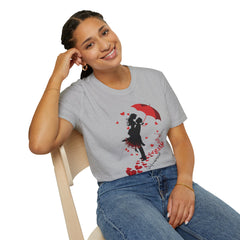 Romantic Couple Silhouette T-Shirt — Red Umbrella & Heart Confetti Valentine Tee