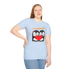 Penguin Heart T-Shirt — "Love Just Is" Cute Couples Valentine Tee