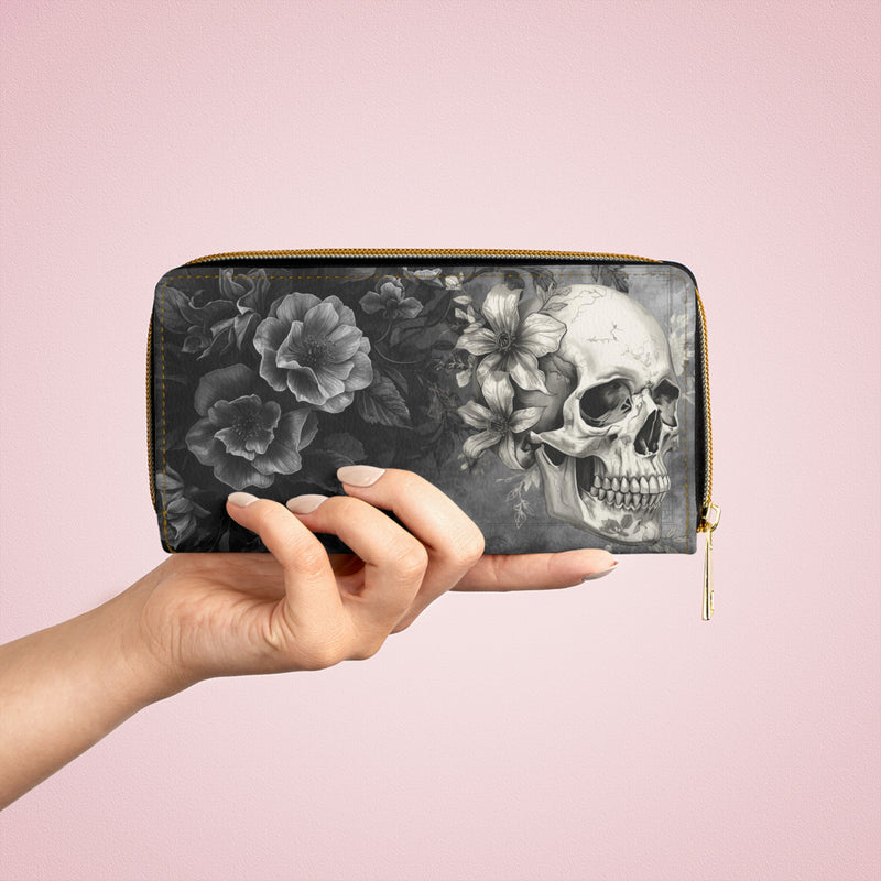 Skull & Roses Zipper Wallet — Gothic Floral Long Wallet