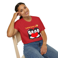 Penguin Heart T-Shirt — "Love Just Is" Cute Couples Valentine Tee