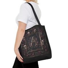 Gothic Monogram 'A' Tote Bag - Skull & Rose All-Over Print
