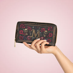 Monogram Skull & Roses Zipper Wallet — Gothic Floral Leather Wallet