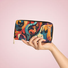Cat Pattern Zipper Wallet — Colorful Retro Feline Print Wallet
