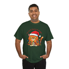 Grumpy Cat tangled in Christmas Lights T-Shirt – "I'm NOT Merry A Right!" Holiday Tee