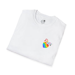 2 Sided Rainbow Pride Tee — Small Heart Chest Logo & Back Rainbow Ribbon T-Shirt