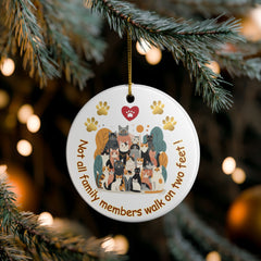 Cat Family Ceramic Ornament — "Not All Family Members Walk on Two Feet" Holiday Decoration