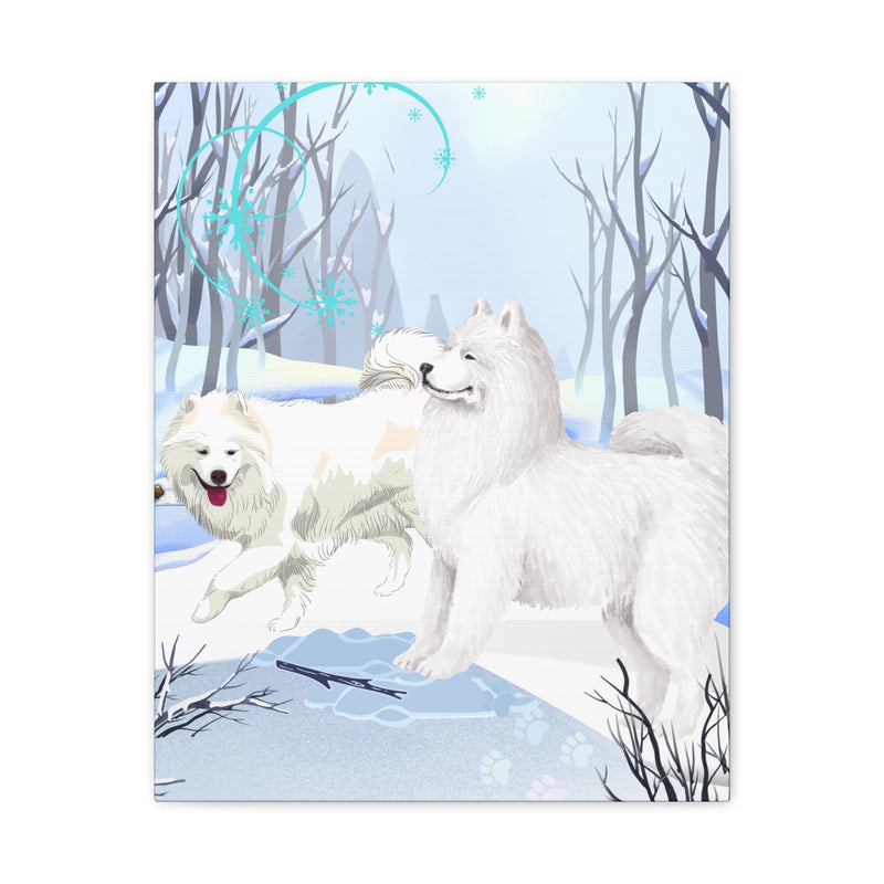 White Samoyed Winter Canvas Print — Matte Stretched Samoyed Dog Wall Art