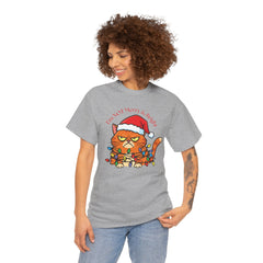 Grumpy Cat tangled in Christmas Lights T-Shirt – "I'm NOT Merry A Right!" Holiday Tee
