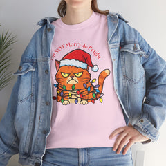 Grumpy Cat tangled in Christmas Lights T-Shirt – "I'm NOT Merry A Right!" Holiday Tee