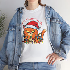 Grumpy Cat tangled in Christmas Lights T-Shirt – "I'm NOT Merry A Right!" Holiday Tee