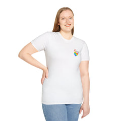 2 Sided Rainbow Pride Tee — Small Heart Chest Logo & Back Rainbow Ribbon T-Shirt