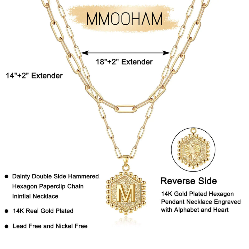 M MOOHAM Dainty Gold Necklace for Women - 14K Solid Gold Over Layering Necklaces for Women Cute Hexagon Letter Initial Necklaces for Women Gold Layered Necklaces for Women Jewelry Gifts 18 IN M